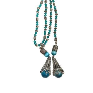 Turquoise Glass and Crystal Lariat Necklace